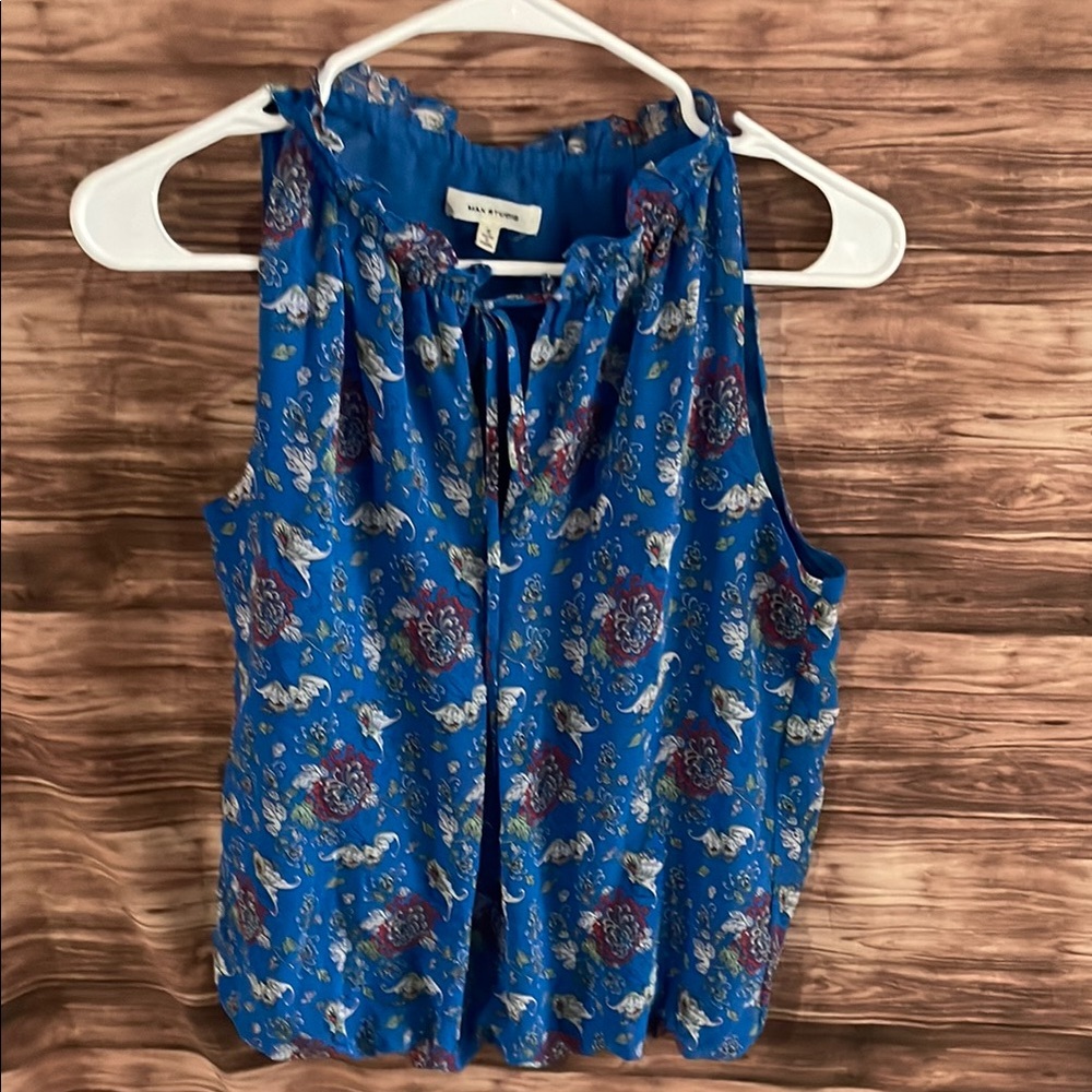 Max Studio Royal Blue Sleeveless Blouse with V-neck and Tie Front